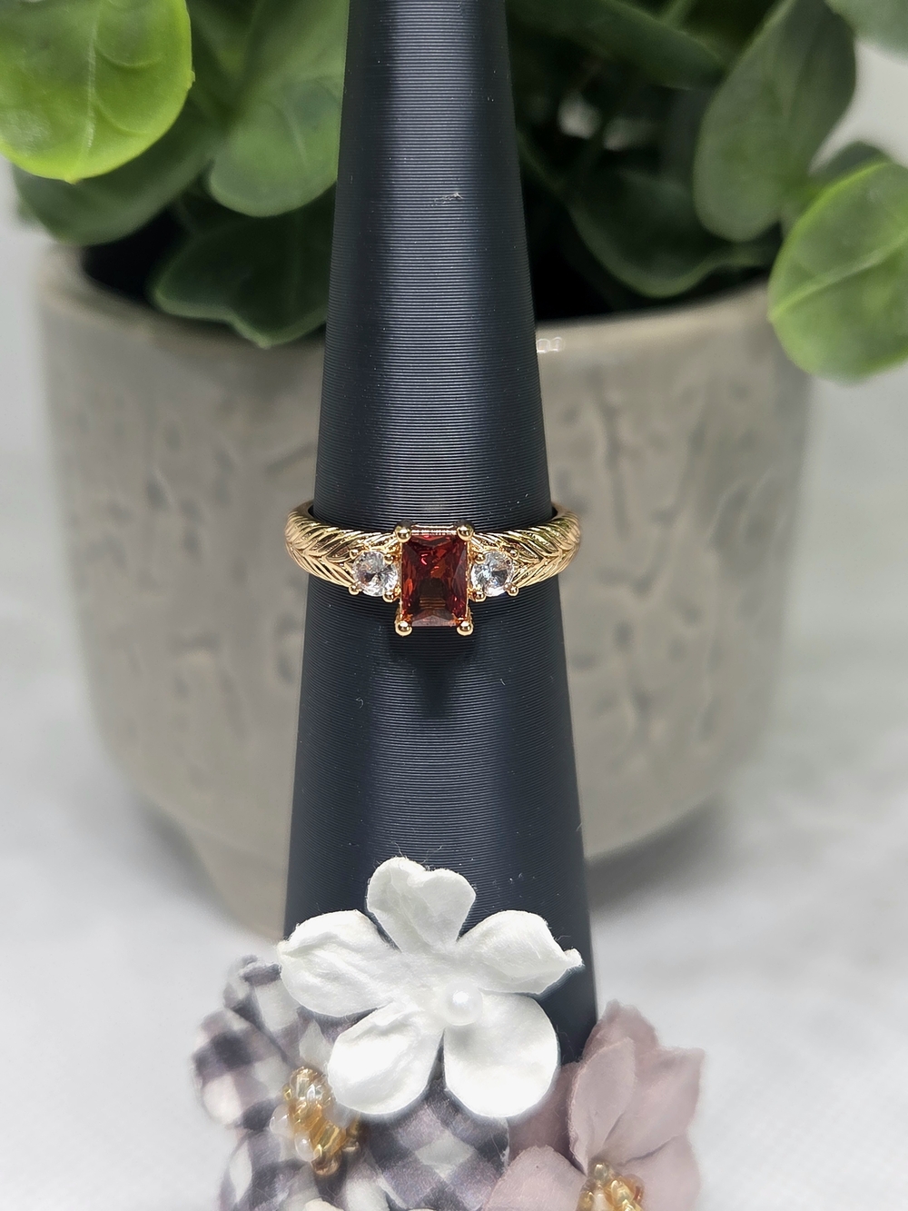 BP Gold Tone Garnet & CZ Trio Stone Ring